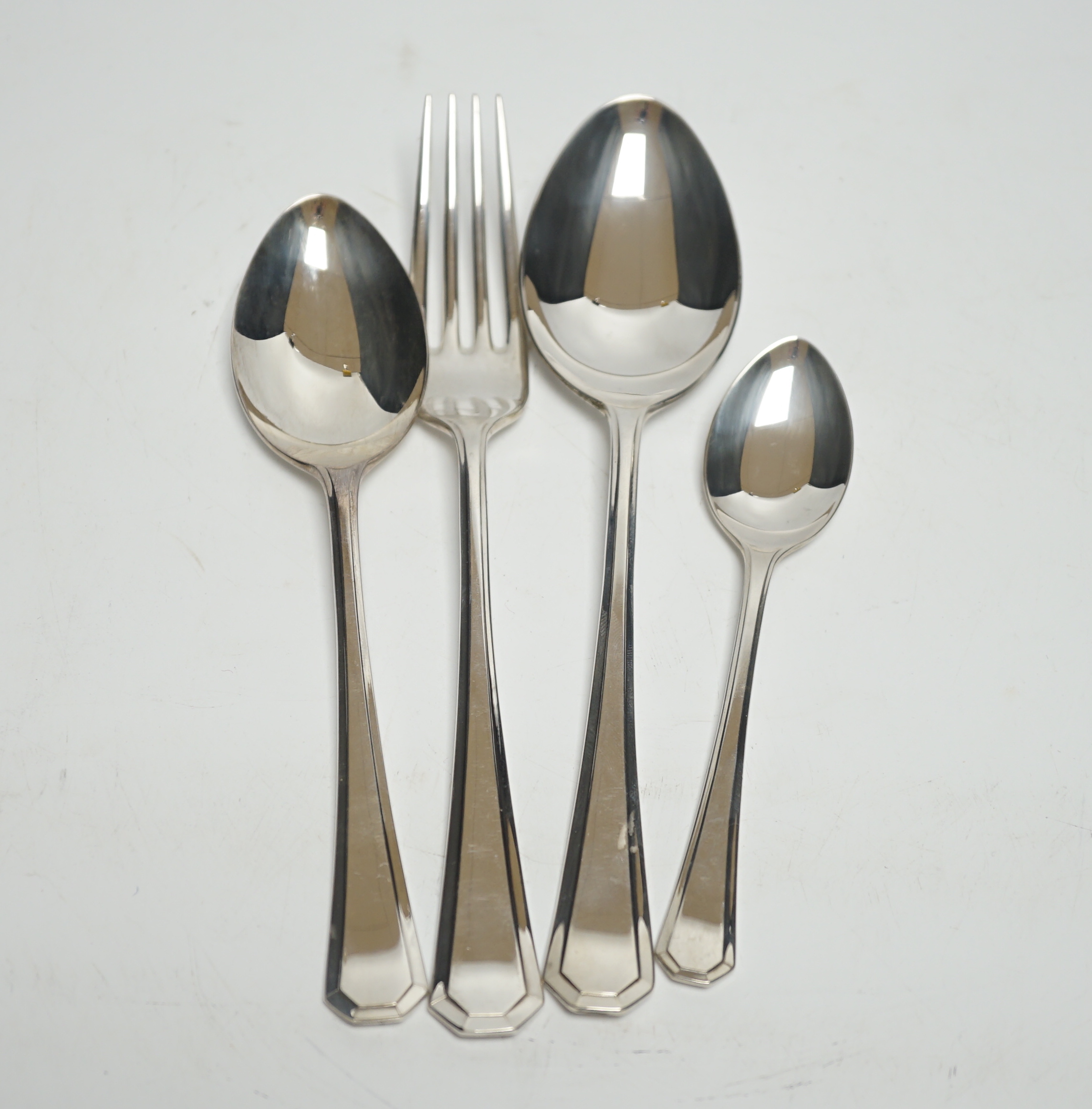 A modern Arthur Price canteen of silver Grecian pattern cutlery for eight, comprising sixty items, eight each of the following, table forks, dessert forks, soup spoons, teaspoons, dessert spoons, silver handled table and